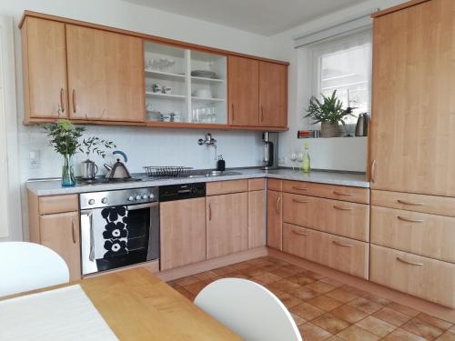 a kitchen with wooden cabinets and a stove at Haus Rosenbusch in Sinzing