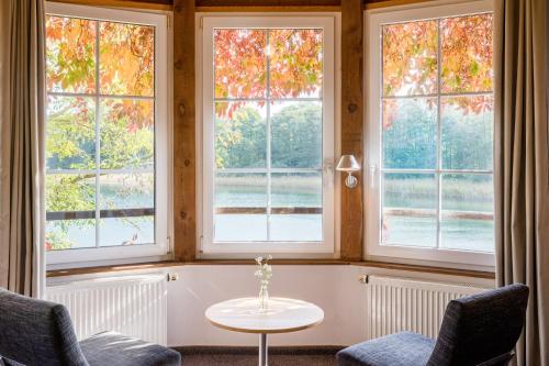 a room with three windows and a table and chairs at Romantischer Seegasthof & Hotel Altes Zollhaus in Feldberg