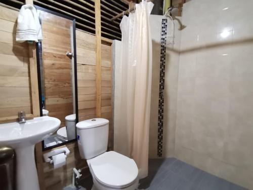 ein Bad mit einem WC, einem Waschbecken und einer Dusche in der Unterkunft Bungalow Palmar del Viento in Moñitos