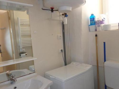une salle de bain avec toilettes, lavabo et miroir dans l'établissement Appartement F2 cosy, 4 couchages, centre-ville, proche cures, balcon, animaux acceptés - FR-1-703-102, à Amélie-les-Bains-Palalda