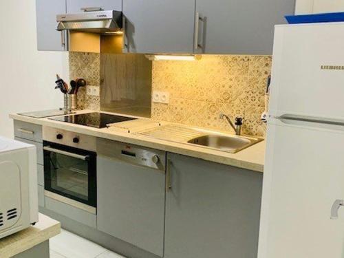 une petite cuisine avec un évier et un réfrigérateur dans l'établissement Appart T3 rénové avec climatisation, terrasse, wifi, ascenseur et parking à 2 min des thermes - FR-1-703-112, à Amélie-les-Bains-Palalda
