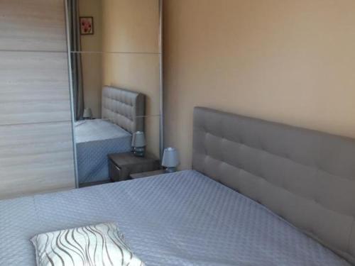 une chambre avec un grand lit et un miroir dans l'établissement Confortable F2 avec terrasse et parking, proche des cures et du centre-ville d'Amélie-les-Bains - FR-1-703-111, à Amélie-les-Bains-Palalda