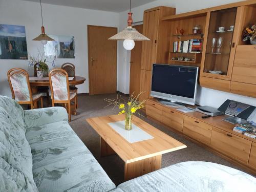 ein Wohnzimmer mit einem Sofa und einem TV in der Unterkunft Privathaus Wehle in Kurort Gohrisch