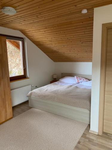 a bedroom with a bed with a wooden ceiling at Apartma Regina in Slovenj Gradec