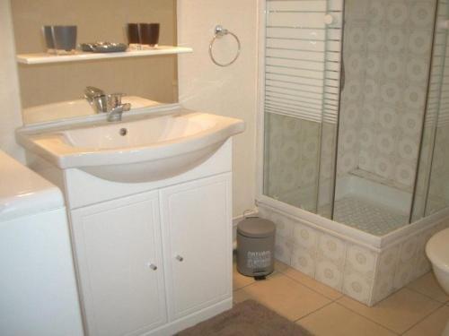 une salle de bain avec un lavabo et une douche dans l'établissement Studio confortable avec balcon - Amélie-les-Bains, près des thermes et parking - FR-1-703-35, à Amélie-les-Bains-Palalda