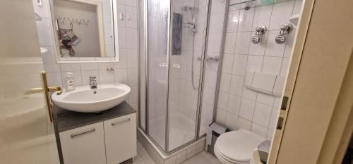 bagno con doccia, lavandino e servizi igienici di ciao-aschau Haus zur Burg Ap104 Pabst a Aschau