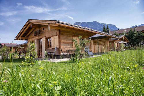a log cabin in a field of grass at Chalets Alpglück in Oberstdorf