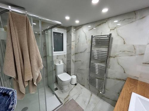 a bathroom with a toilet and a glass shower at ATHENS SEA VIEW GUEST HOUSE in Athens