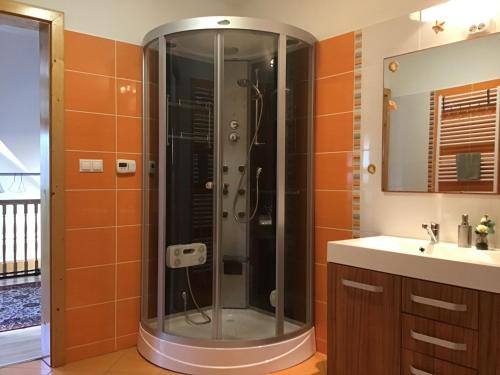 a shower with a glass door in a bathroom at Citellus Apartman in Dunasziget