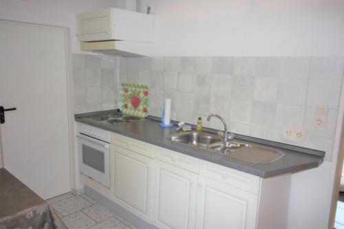 a small kitchen with a sink and a stove at Kleinheide 1 in Berumbur