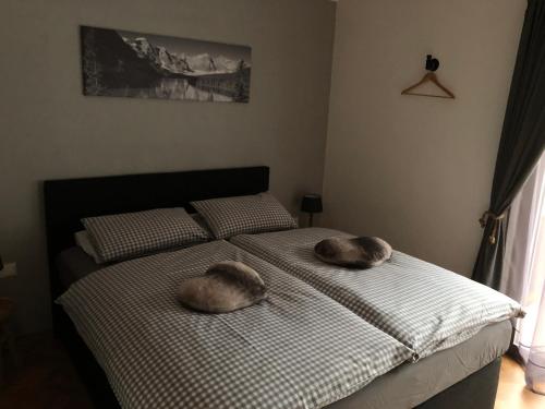 2 Kissen auf einem Bett im Schlafzimmer in der Unterkunft Appartement Kuhglocken Ferienhaus Fuenf Sinne in Döbriach