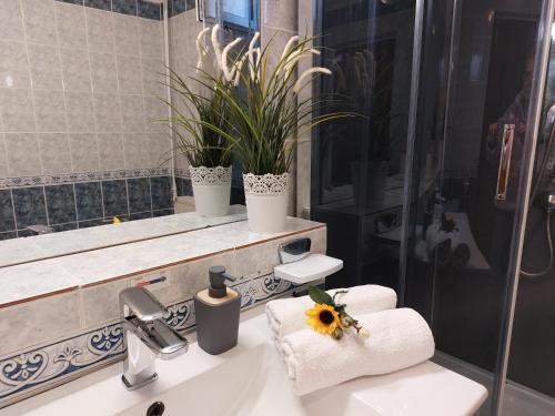 a bathroom with a sink with a flower on it at Pension Casablanca in Câmpina