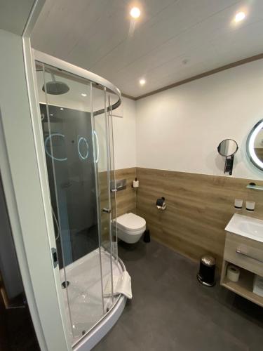 a bathroom with a glass shower and a toilet at Hotel-Landgasthof Ploss in Schönwald