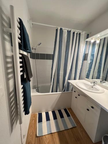 une salle de bain avec un lavabo, une baignoire et une douche dans l'établissement La Foux d Allos Les Cimes, à Allos