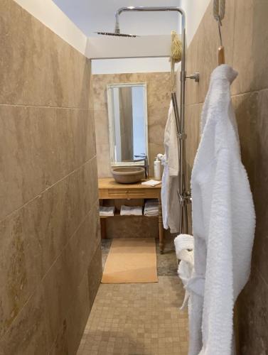 une salle de bain avec une douche avec un lavabo et un miroir dans l'établissement Chambre d'hôtes de la cime, à Cabrières-dʼAigues