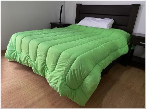 un edredón verde en una cama en un dormitorio en Cambaceres Apart C en Ushuaia