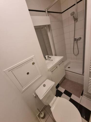 une salle de bains avec toilettes, lavabo et douche dans l'établissement Joli Studio, à Chaville