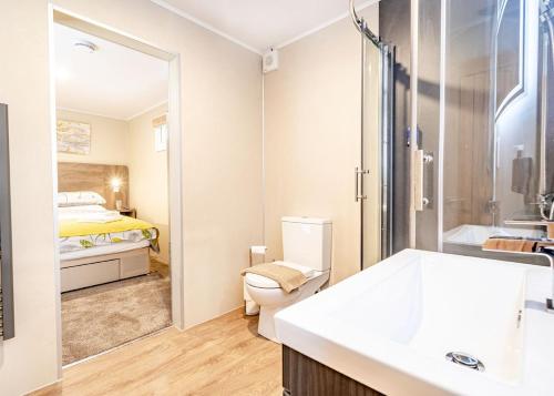 a bathroom with a sink and a toilet and a shower at Woodland Lakes Boutique Lodges 