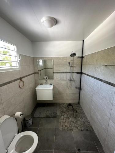 a bathroom with a toilet and a sink at VillaCalmflor in Sainte-Anne