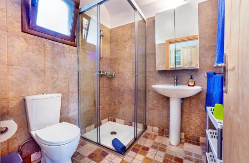 a bathroom with a shower and a toilet and a sink at Plaka Beach Cottages in Pláka