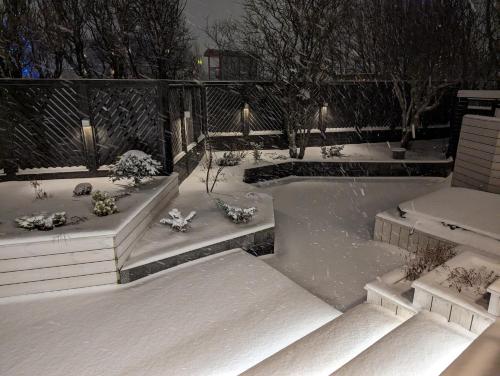 a garden covered in snow with flowers and lights at Smart Luxury - Private Gym, Hot Tub & Sauna in Keflavík
