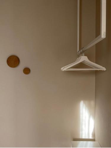 a kitchen with two lights hanging from the ceiling at B&B Panorama Cinque in Salò