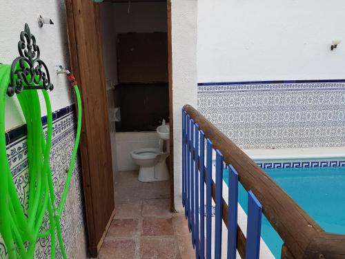 a bathroom with a swimming pool next to a toilet at CASA RURAL EL ROCINANTE in Miguel Esteban
