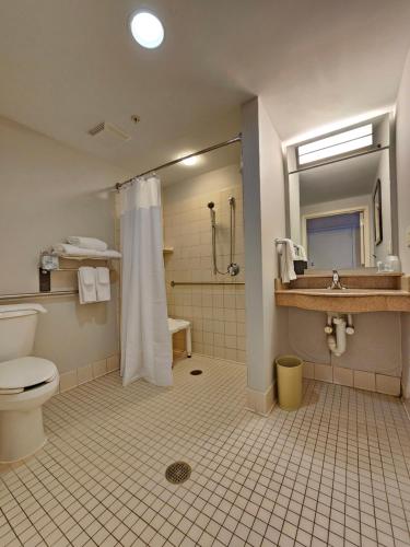 a bathroom with a toilet and a shower and a sink at Courtyard Boston Raynham in Raynham