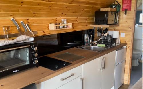 cocina con microondas y fregadero en Badger's Sett en Bathgate