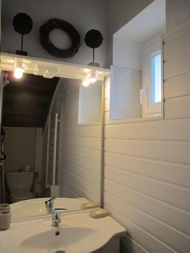 une salle de bain avec un lavabo, des toilettes et un miroir dans l'établissement Maison de vacances La Palue entre plage et centre bourg, au Guilvinec