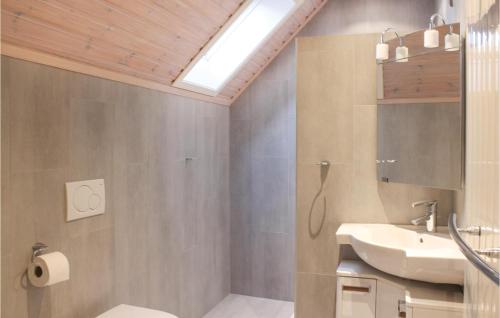 W łazience znajduje się umywalka, toaleta i lustro. w obiekcie Nice Home In Groede With 4 Bedrooms And Wifi w mieście Groede