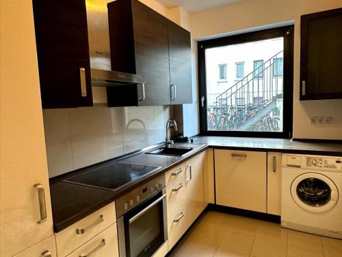 uma pequena cozinha com um lavatório e uma janela em Willy Studio Apartment Frankfurt em Frankfurt