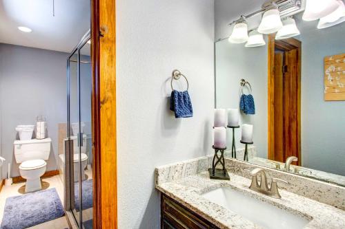 een badkamer met een wastafel, een toilet en een spiegel bij Cedar Creek Lakefront Vacation Rental with Pool in Gun Barrel City