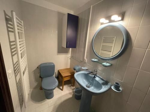 La salle de bains est pourvue d'un lavabo, de toilettes et d'un miroir. dans l'établissement Maison au cœur de Sablet & terrasse panoramique, à Sablet