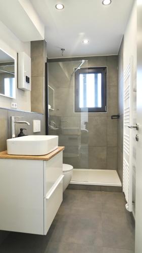 a bathroom with a sink and a toilet and a shower at Zentral & Modern Nähe Düsseldorf und Köln in Wuppertal