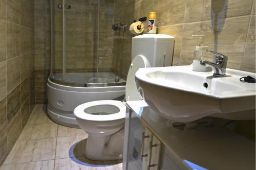 a bathroom with a toilet and a sink at Demetrovics Udvarház in Eger