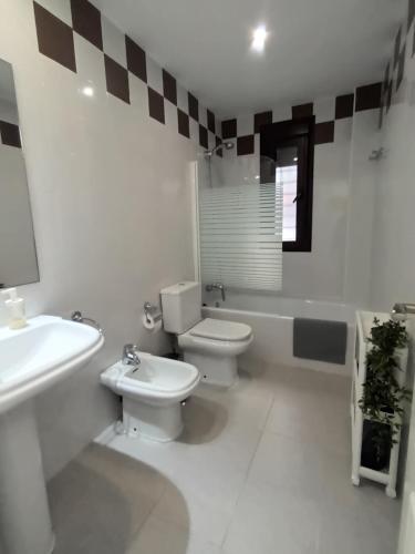 a bathroom with two toilets and a sink and a tub at Casa Palacio Arcos del Carmen in Jerez de la Frontera