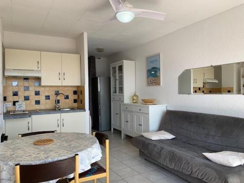 un salon avec un canapé et une table et une cuisine dans l'établissement Charmant appart avec jardinet, terrasse, animaux admis - FR-1-503-31, à Balaruc-les-Bains