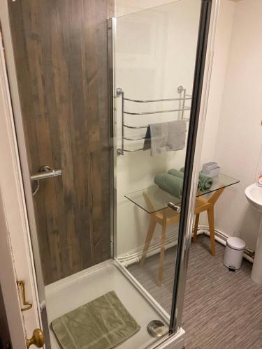 a shower with a glass door in a bathroom at The Shack plus Camping in Llandinam