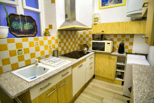 une petite cuisine avec un évier et un micro-ondes dans l'établissement Ref JOFFRE - Palmes d'Or Properties, à Cannes