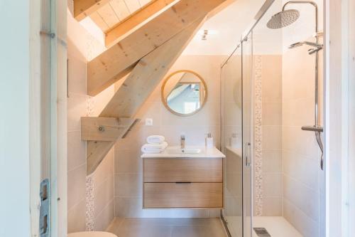 een badkamer met een wastafel en een douche bij Les Balcons de la Charve - Gîte 4 étoiles in Jongieux