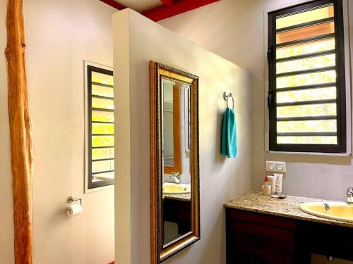 a bathroom with a mirror and a sink at Turia's Beach Villa in Moorea
