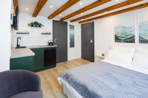 um quarto com uma cama, um lavatório e uma cozinha em Stadtmauer-Apartments - Neue helle Studio Wohnung direkt an der historischen Stadtmauer em Nördlingen