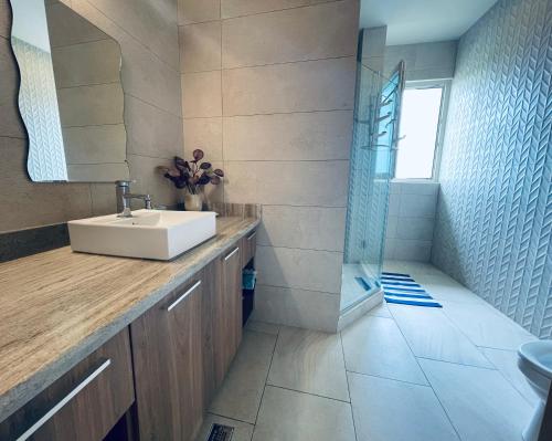uma casa de banho com um lavatório e um chuveiro em Apartamento en el mar Caribe, Playa Escondida Resort & Marina em María Chiquita