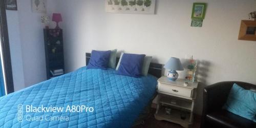 - une chambre avec un lit bleu et une table de nuit dans l'établissement La Quiétude, à Peymeinade