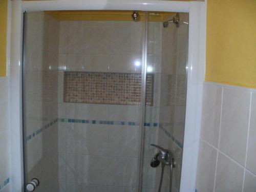 La salle de bains est pourvue d'une douche avec une porte en verre. dans l'établissement Rekreační dům Slavonice, à Slavonice