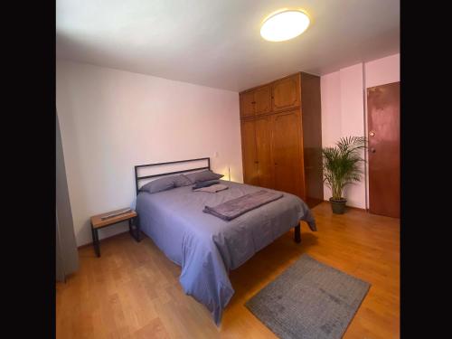 Schlafzimmer mit einem Bett und Holzboden in der Unterkunft Cozy and private Suite in CDMX 5 in Mexiko-Stadt