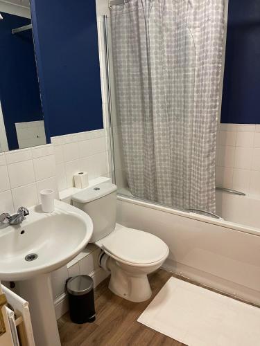 a bathroom with a toilet and a sink and a shower at Stunning Studio Flat - Free Parking - 3 min from Sutton Station in Sutton