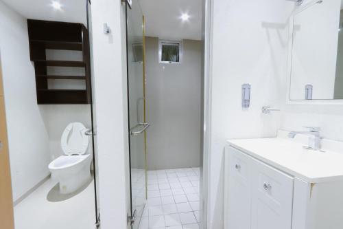 a white bathroom with a toilet and a sink at LOFT PANORÁMICO CON VISTA AL MAR Y TERRAZA - Punta Gaviota in Tangolunda