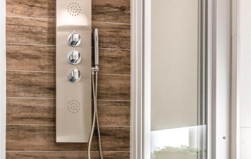 een douche in een badkamer met een houten muur bij Amazing Home In Ijzendijke With 3 Bedrooms And Wifi in IJzendijke